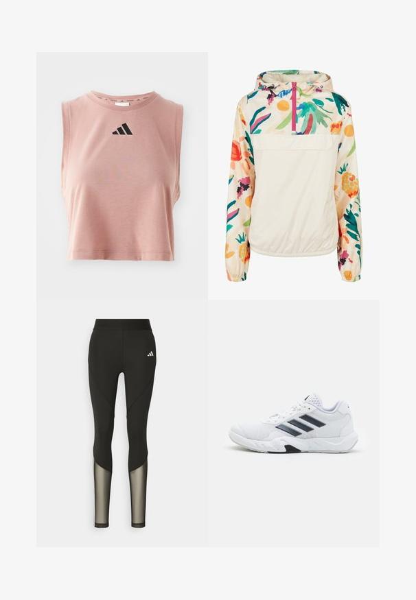 Lehký krémový pulover s květinovým vzorem v živých barvách. Má přední zip, kapuci a elastické manžety pro bezpečné nošení.; Růžový zkrácený top bez rukávů vyrobený z měkké látky, s kulatým výstřihem a černým logem Adidas na přední straně.; Černé sportovní legíny s vysokým pasem, které mají síťované prvky na dolních nohavicích a vyšívané logo na boku.; Bílé sportovní boty s vrškem ze síťoviny, třemi černými pruhy po stranách, texturovanými akcenty a odolnou gumovou podrážkou s kontrastní černou částí.