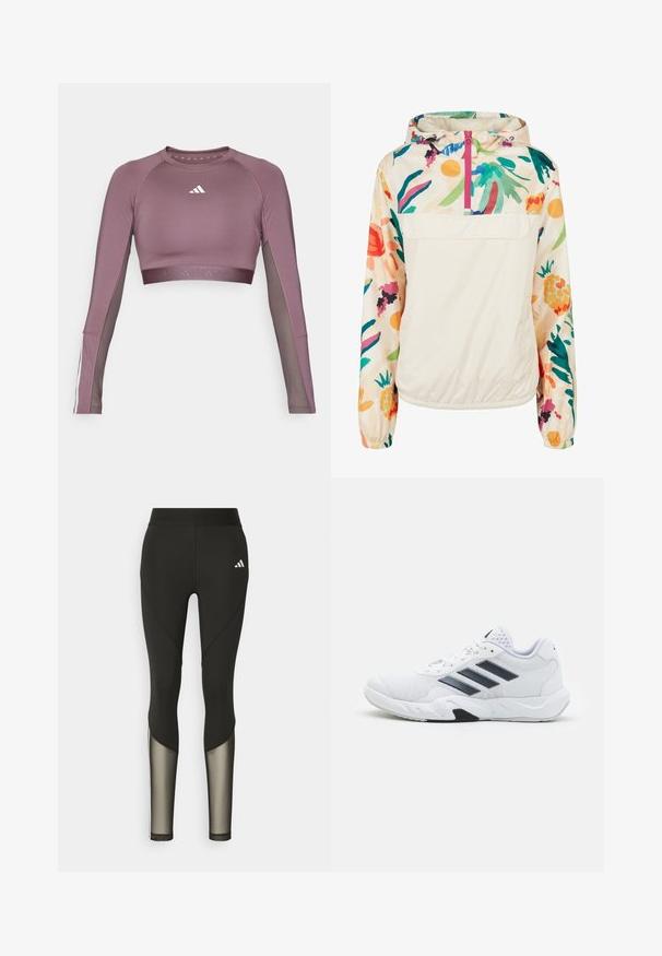 Leichter, cremefarbener Pullover-Jacke mit einem blumigen Muster in lebendigen Farben. Verfügt über einen Frontreißverschluss, eine Kapuze und elastische Bündchen für einen sicheren Sitz.; adidas Performance Langarmshirt - shadow fig/white; Schwarze Sportleggings mit hohem Bund, die Mesh-Einsätze an den Unterschenkeln und ein gesticktes Logo an der Hüfte aufweisen.; Weißer Sportschuh mit Mesh-Obermaterial, drei schwarzen Streifen an der Seite, strukturierten Akzenten und einer robusten Gummisohle mit einem kontrastierenden schwarzen Bereich.