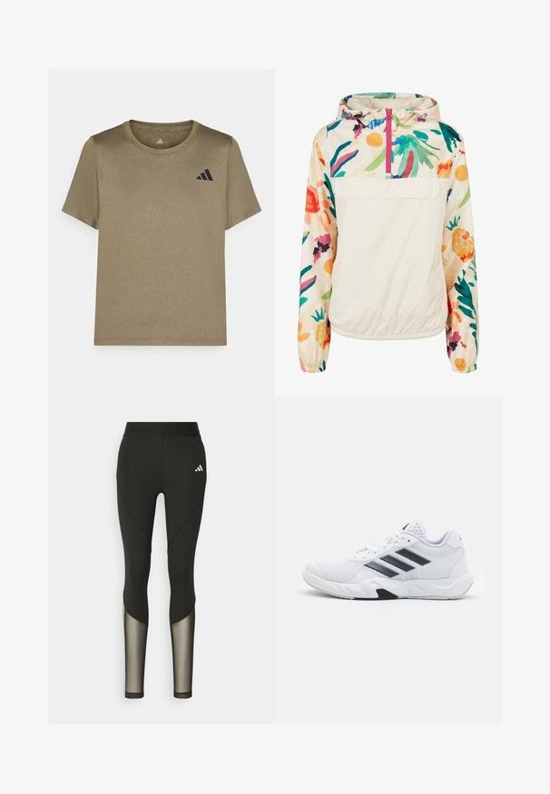Gaišs, krēmkrāsas džemperis ar ziedu rakstu spilgtās krāsās. Iespējas ietver priekšējo rāvējslēdzēju, kapuci un elastīgas aproces drošai piegulšanai.; Olīvzaļš īsām piedurknēm T-kreklis, izgatavots no gludas auduma, ar melnu logotipu uz kreisās krūts un apaļas kakla dizainu.; Melna sporta leggingi ar augstu jostasvietu, kas ar tīkla akcentiem apakšējās kājās un iešūtu logo gurnā.; Baltā sporta apavi ar sietu augšdaļu, trīs melnām svītrām sānos, teksturētām akcentiem un izturīgu gumijas zoli ar kontrastējošu melnu daļu.
