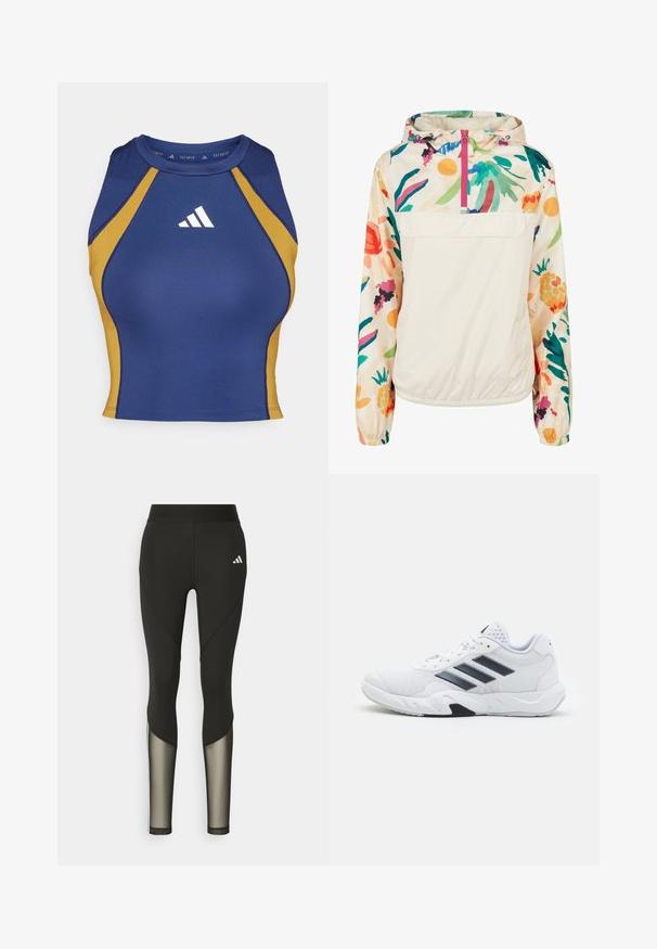Veste à capuche légère en crème avec un motif floral aux couleurs vives. Elle dispose d'une fermeture éclair à l'avant et de poignets élastiques pour un ajustement sécurisé.; Haut sans manches Adidas TECHFIT en bleu marine avec des accents dorés. Tissu lisse avec un design ajusté et un logo blanc sur la poitrine.; Leggings de sport noirs avec une taille haute, présentant des accents en mesh sur le bas des jambes et un logo brodé sur la hanche.; Baskets blanches avec une tige en maille, trois rayures noires sur le côté, des accents texturés et une semelle en caoutchouc robuste avec une section noire contrastante.