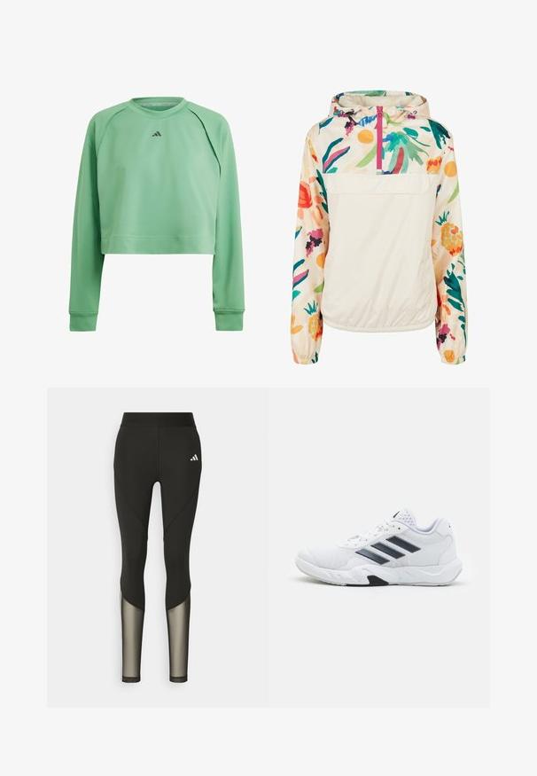 Lightweight, cream pullover jacket with a floral pattern in vibrant colors. Features a front zip, hood, and elastic cuffs for a secure fit.; Light green cropped sweatshirt with long sleeves, rounded neckline, and subtle Adidas logo in dark gray on the chest. Smooth texture.; Black athletic leggings with a high waistband, featuring mesh accents on the lower legs and an embroidered logo on the hip.; White athletic shoe with mesh upper, three black stripes on the side, textured accents, and a sturdy rubber sole with a contrasting black section.
