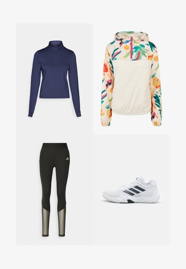 Könnyű, krémszínű pulóver dzseki élénk színekben pompázó virágmintával. Elöl cipzárral, kapucnival és elasztikus mandzsettákkal a biztonságos illeszkedés érdekében.; Sötétkék, hosszú ujjú, negyedzipzáras felső sima, rugalmas anyagból; magas gallérral és illeszkedő mandzsettákkal rendelkezik. Egyszerű tervezés klasszikus sziluettel.; Fekete sport leggings, magas derékkal, hálós díszítéssel az alsó lábszárakon és hímzett logóval a csípőn.; Fehér sportcipő, hálós felsőrésszel, az oldalon három fekete csíkkal, textúrázott részletekkel és egy tartós gumi talppal, amelynek ellentétes fekete szakasza van.