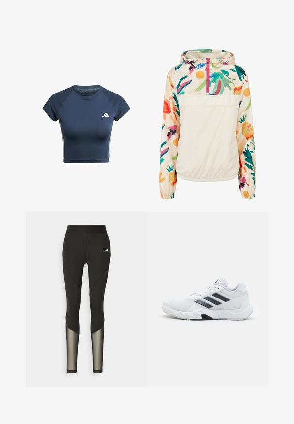 Lichtgewicht, crèmekleurige pulloverjack met een bloemenpatroon in levendige kleuren. Voorzien van een rits aan de voorkant, een capuchon en elastische manchetten voor een omsloten pasvorm.; Marineblauwe sportieve crop top met korte mouwen, ribbelstructuur op de schouders en witte strepen aan de zijkanten. Voorzien van het merkembleem op de borst.; Zwarte sportleggings met een hoge tailleband, voorzien van meshaccenten op de onderbenen en een geborduurd logo op de heup.; Witte sportieve schoen met een bovenwerk van mesh, drie zwarte strepen aan de zijkant, gestructureerde accenten en een stevige rubberen zool met een contrasterend zwart gedeelte.