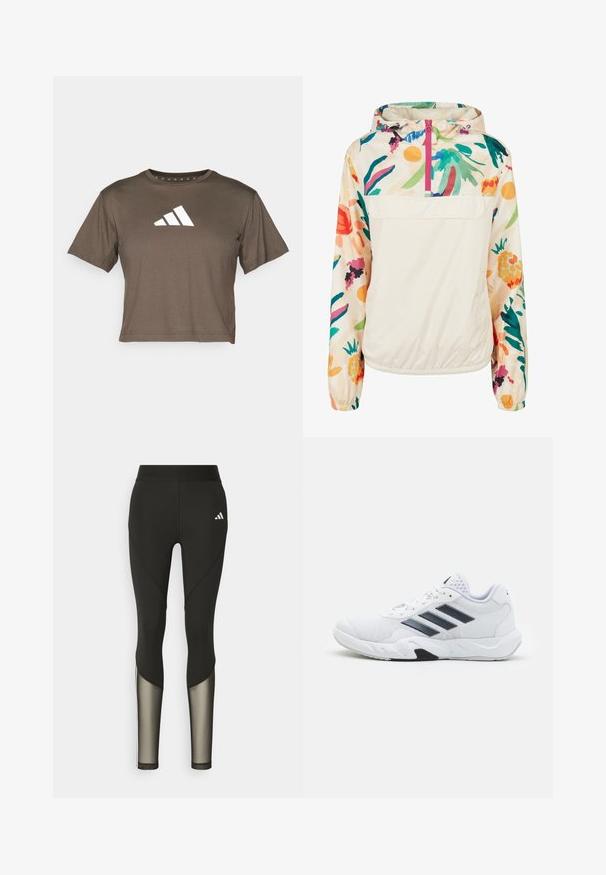 Letvægts, cremet pullover-jakke med et blomsterdesign i strålende farver. Har en lynlås foran, hætte og elastiske manchetter for en sikker pasform.; Brun kortærmet t-shirt med rund halsudskæring og et hvidt Adidas-logo på forsiden. Glat stofstruktur.; Sorte atletiske leggings med høj talje, der har mesh-detaljer nederst på benene og et broderet logo på hoften.; Hvid atletisk sko med mesh-overdel, tre sorte striber på siden, strukturerede accenter og en robust gummisål med et kontrasterende sort område.