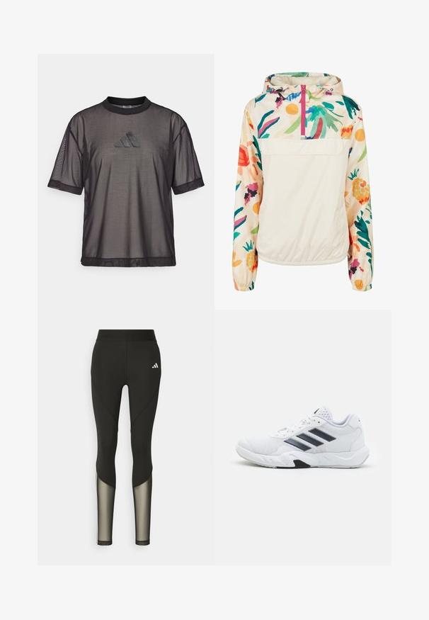 Lätt, krämfärgad pullover-jacka med blommönster i livliga färger. Har en framzip, huva och elastiska ärmslut för en säker passform.; Svartrutigt kortärmat T-shirt med rund halsringning och en strukturerad Adidas-logotyp på bröstet. Har ett andningsbart tyg för ventilation.; Svarta sportleggings med hög midja, som har meshdetaljer på underbenen och en broderad logga vid höften.; Vit sportskor med mesh-överdel, tre svarta ränder på sidan, texturerade detaljer och en stadig gummisula med en kontrasterande svart del.