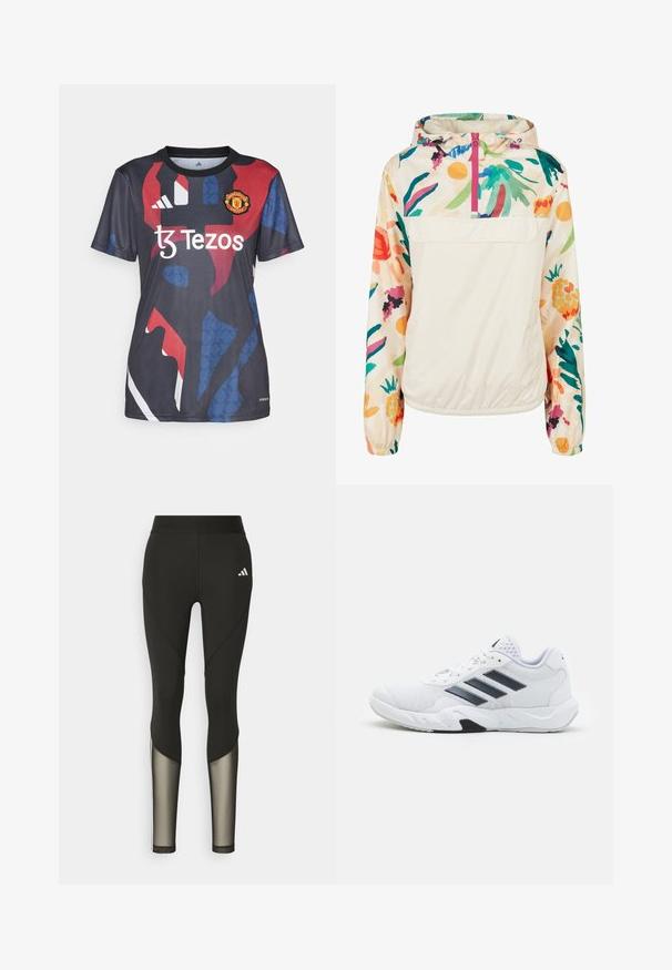 Kevyt, kerma värinen pullover-takki, jossa on kirkkaanvärinen kukkakuosi. Varustettu edessä olevalla vetoketjulla, hupulla ja elastisilla hihansuilla, jotka takaavat mukavan istuvuuden.; Manchester Unitedin paita tummansinisena, jossa on punaisia ja sinisiä geometrisia kuvioita, lyhyet hihat, pyöreä kaula-aukko ja sponsorilogo edessä.; Mustat urheilulegginsit, joissa on korkea vyötärö, verkko-osat alaraajoissa ja brodeerattu logo lantion kohdalla.; Valkoiset urheilukengät, joissa on verkkomateriaali päällisessä, kolme mustaa raitaa sivussa, teksturoidut yksityiskohdat ja kestävä kumipohja, jossa on kontrastina musta osa.