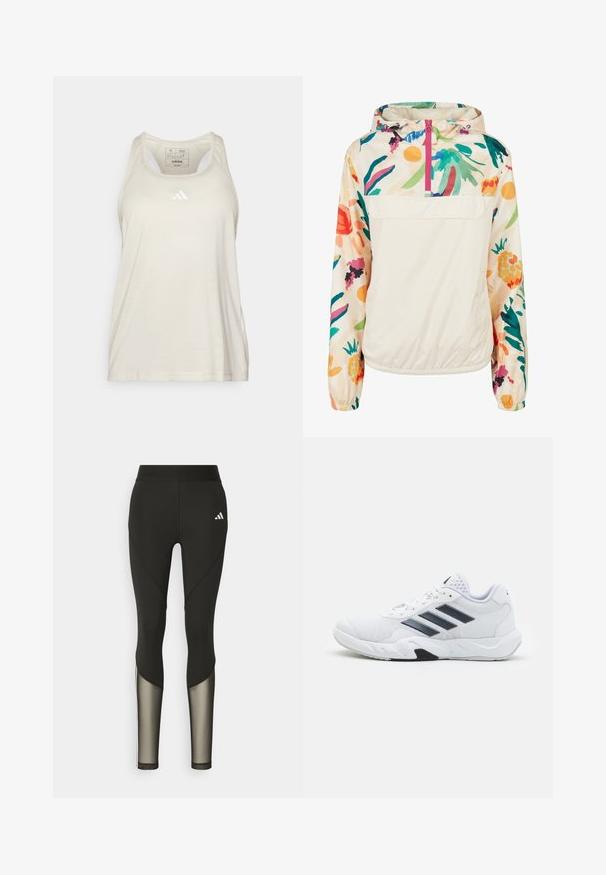 Jachetă pulover ușoară, din crem, cu un model floral în culori vibrante. Are un fermoar frontal, gluga și manșete elastice pentru o fixare sigură.; adidas Performance TRAIN ESSENTIALS MINIMAL BRANDING RACERBACK - Top - alumina/white; Leggings negri pentru sport, cu talie înaltă, având accente din plasă pe picioare și un logo brodat pe șold.; Adidași albi cu partea superioară din plasă, trei dungi negre pe lateral, accente texturate și o talpă din cauciuc solidă cu o secțiune contrastantă neagră.