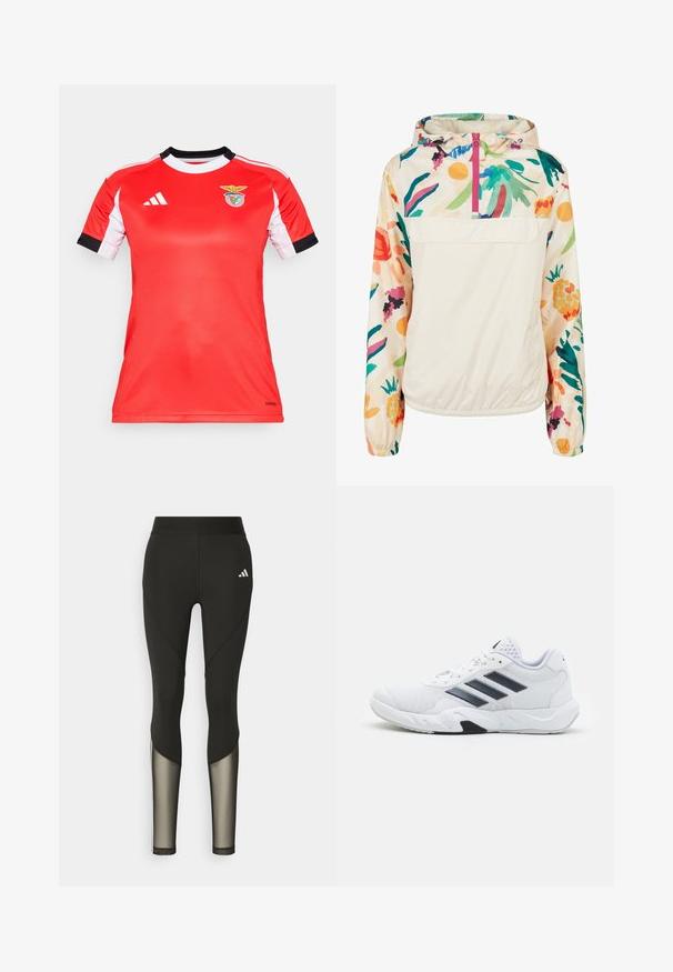 Giacca leggera a pullover in crema con un motivo floreale dai colori vivaci. Caratterizzata da una zip anteriore, cappuccio e polsini elastici per una vestibilità sicura.; Maglietta sportiva rossa con maniche corte bianche e dettagli neri. Presenta il logo del Benfica sul petto. Realizzata in tessuto traspirante.; Leggings sportivi neri con vita alta, dotati di inserti in rete sulla parte inferiore delle gambe e di un logo ricamato sull'anca.; Scarpa sportiva bianca con tomaia in mesh, tre strisce nere sui lati, dettagli testurizzati e una suola in gomma robusta con una sezione nera a contrasto.