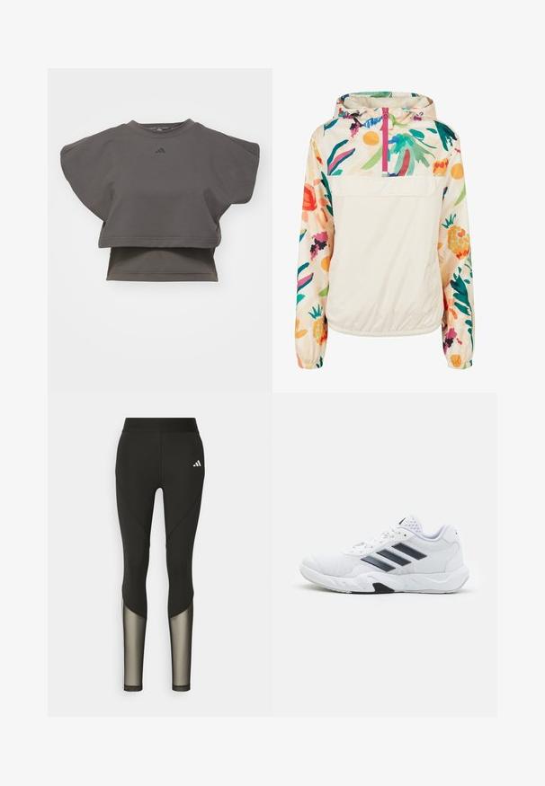 Lagani, krem pulover jakna s cvjetnim uzorkom u živim bojama. Ima prednji zip, kapuljaču i elastične manžete za sigurno prianjanje.; adidas Performance POWER BOXY 3-STRIPES TANK - Sportska majica - shadow olive; Crne atletske tajice s visokim strukom, sa mrežastim detaljima na donjim nogavicama i izvezenim logotipom na kuku.; Bijela atletska cipela s mrežastim gornjim dijelom, tri crne pruge sa strane, strukturirani detalji i čvrst gumeni potplat s kontrastnim crnim dijelom.