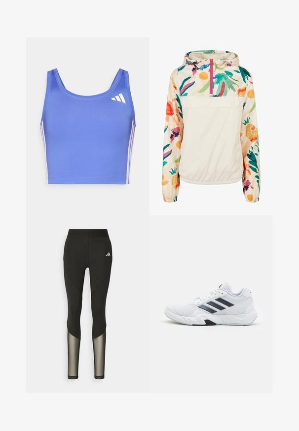 Lichtgewicht, crèmekleurige pulloverjack met een bloemenpatroon in levendige kleuren. Voorzien van een rits aan de voorkant, een capuchon en elastische manchetten voor een omsloten pasvorm.; Lichtblauwe sportbeha van rekbaar materiaal, met een ronde halslijn, brede banden en witte zijstrepen met een logo aan de bovenste linkerkant.; Zwarte sportleggings met een hoge tailleband, voorzien van meshaccenten op de onderbenen en een geborduurd logo op de heup.; Witte sportieve schoen met een bovenwerk van mesh, drie zwarte strepen aan de zijkant, gestructureerde accenten en een stevige rubberen zool met een contrasterend zwart gedeelte.