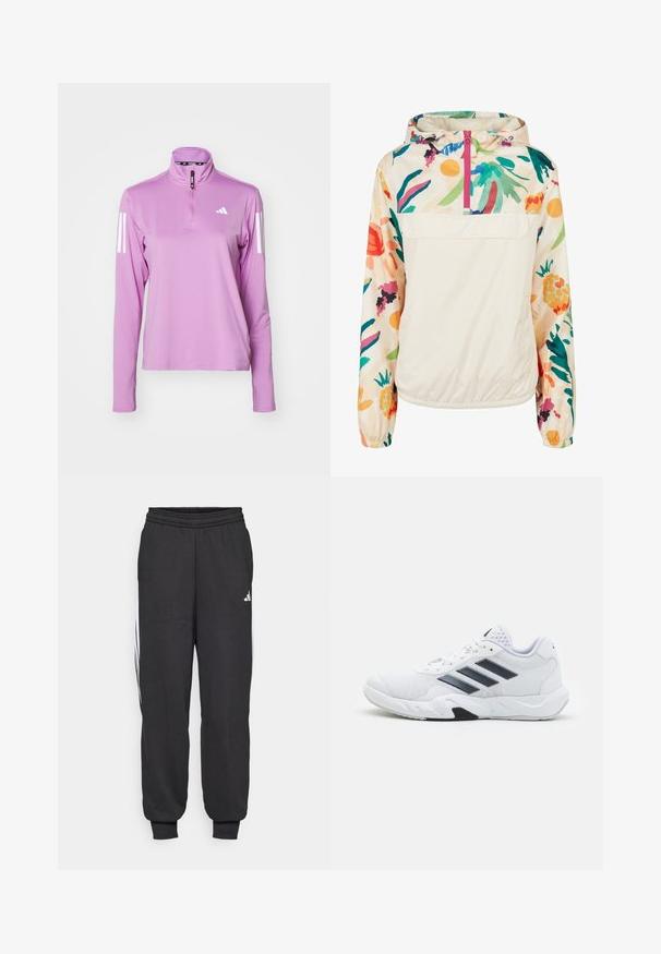 Könnyű, krémszínű pulóver dzseki élénk színekben pompázó virágmintával. Elöl cipzárral, kapucnival és elasztikus mandzsettákkal a biztonságos illeszkedés érdekében.; adidas Performance Hosszú ujjú felső - preloved purple; Fekete sporttászok rugalmas derékkal, szűkült bokákkal és fehér oldalsávval. Puha anyagból készült, sima textúrával.; Fehér sportcipő, hálós felsőrésszel, az oldalon három fekete csíkkal, textúrázott részletekkel és egy tartós gumi talppal, amelynek ellentétes fekete szakasza van.