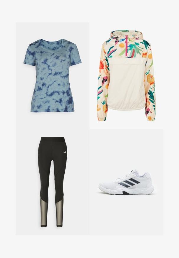 Chaqueta ligera de crema con un patrón floral en colores vibrantes. Presenta un cierre frontal, capucha y puños elásticos para un ajuste seguro.; Camiseta de manga corta en azul claro con un patrón de teñido anudado en azul oscuro. Cuello redondo y tejido texturizado. Corte regular sin hardware visible.; Leggings deportivos negros con una cintura alta, que presentan detalles de malla en las piernas inferiores y un logo bordado en la cadera.; Zapatilla deportiva blanca con parte superior de malla, tres franjas negras a los lados, acentos texturizados y una suela de goma resistente con una sección negra en contraste.