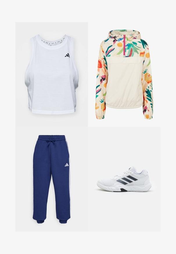 Lightweight, cream pullover jacket with a floral pattern in vibrant colors. Features a front zip, hood, and elastic cuffs for a secure fit.; White cropped tank top made of lightweight fabric with a round neck. Features a black logo on the left side and smooth texture.; Navy athletic pants made of soft fabric, featuring white side stripes, elastic waistband with adjustable drawstring, and elastic cuffs.; White athletic shoe with mesh upper, three black stripes on the side, textured accents, and a sturdy rubber sole with a contrasting black section.