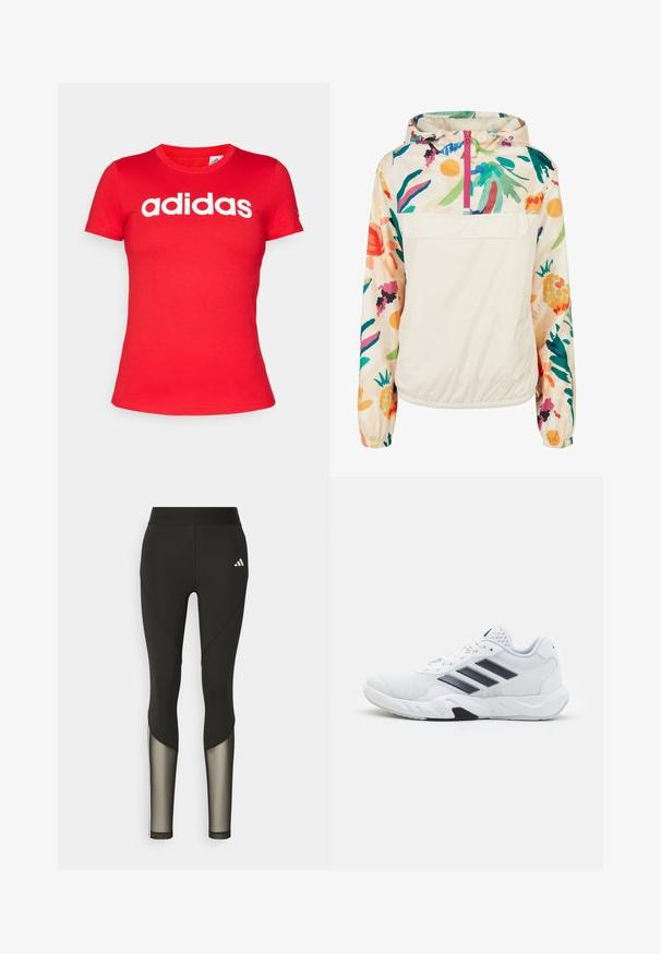 Lengvas, kreminės spalvos megztinis su gėlėmis ryškiomis spalvomis. Savybės: priekinis užtrauktukas, kapišonas ir elastingi rankogaliai, užtikrinantys tvirtą tinkamumą.; adidas Sportswear W LIN T - Marškinėliai su spaudiniu - better scarlet; Juodos sportinės legging'os su aukštu juosmeniu, turinčios tinklo akcentus apatiniuose šlaunų regionuose ir išsiuvinėtą logotipą ant klubų.; Baltas sportinis batelis su tinklelio viršumi, trimis juodomis juostelėmis šone, tekstūruotais akcentais ir tvirtu guminio pado su kontrastinga juoda dalimi.