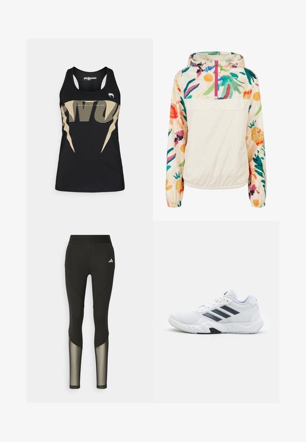 Lightweight, cream pullover jacket with a floral pattern in vibrant colors. Features a front zip, hood, and elastic cuffs for a secure fit.; Black tank top featuring bold gold graphic design with striped elements. Made from lightweight fabric, it has a racerback cut and minimal hardware.; Black athletic leggings with a high waistband, featuring mesh accents on the lower legs and an embroidered logo on the hip.; White athletic shoe with mesh upper, three black stripes on the side, textured accents, and a sturdy rubber sole with a contrasting black section.