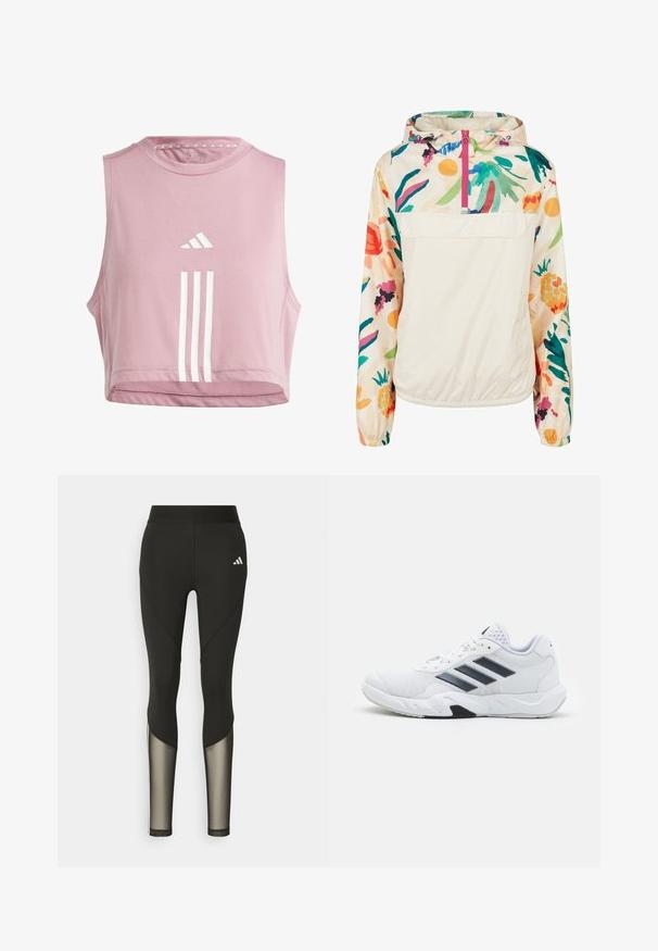 Könnyű, krémszínű pulóver dzseki élénk színekben pompázó virágmintával. Elöl cipzárral, kapucnival és elasztikus mandzsettákkal a biztonságos illeszkedés érdekében.; adidas Performance TRAIN ESSENTIALS TRAIN 3-STRIPES - Felső - orchid/white; Fekete sport leggings, magas derékkal, hálós díszítéssel az alsó lábszárakon és hímzett logóval a csípőn.; Fehér sportcipő, hálós felsőrésszel, az oldalon három fekete csíkkal, textúrázott részletekkel és egy tartós gumi talppal, amelynek ellentétes fekete szakasza van.