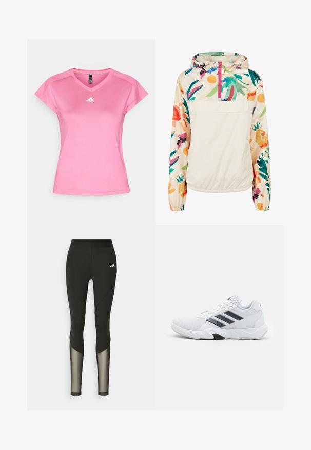 Jachetă pulover ușoară, din crem, cu un model floral în culori vibrante. Are un fermoar frontal, gluga și manșete elastice pentru o fixare sigură.; Cămașă sport roz, cu mânecă scurtă și decolteu în V, fabricată dintr-un material sintetic ușor. Prezintă un logo alb pe piept și un tiv cu model la decolteu.; Leggings negri pentru sport, cu talie înaltă, având accente din plasă pe picioare și un logo brodat pe șold.; Adidași albi cu partea superioară din plasă, trei dungi negre pe lateral, accente texturate și o talpă din cauciuc solidă cu o secțiune contrastantă neagră.