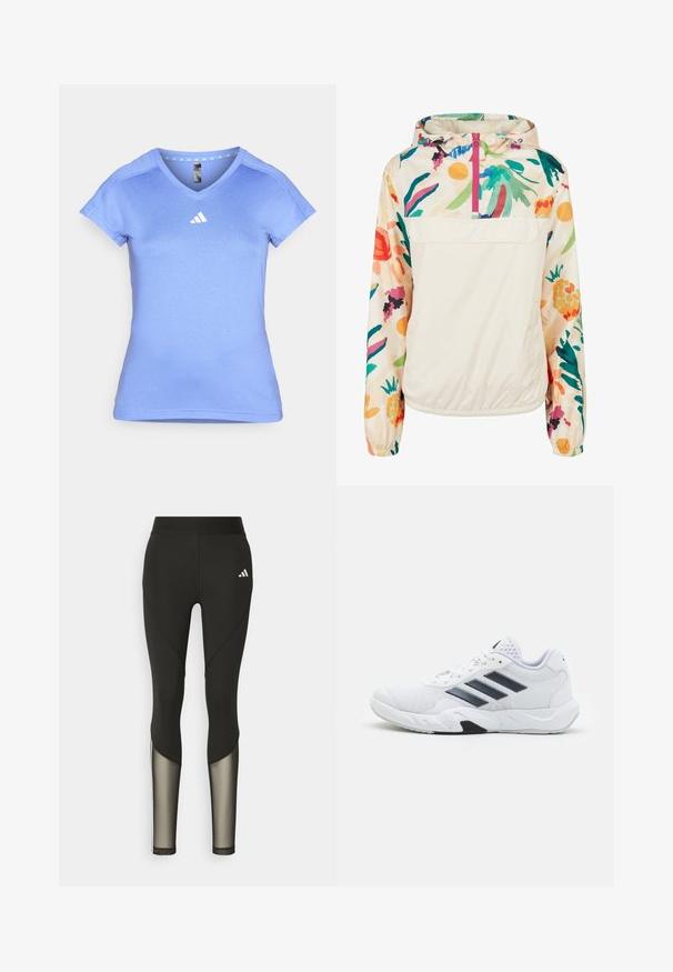 Lekka, kremowa kurtka z kapturem z kwiatowym wzorem w intensywnych kolorach. Posiada zamek z przodu, kaptur i elastyczne mankiety dla pewnego dopasowania.; Jasnoniebieska koszulka sportowa z krótkim rękawem, w dekolcie w kształcie litery V, z białym logo Adidas na piersi. Wykonana z gładkiego, lekkiego materiału.; Czarne legginsy sportowe z wysokim stanem, z siateczkowymi akcentami na dolnych nogawkach oraz haftowanym logo na biodrze.; Białe buty sportowe z siateczkową cholewką, trzy czarne paski po boku, teksturowane akcenty i solidna gumowa podeszwa z kontrastującą czarną sekcją.