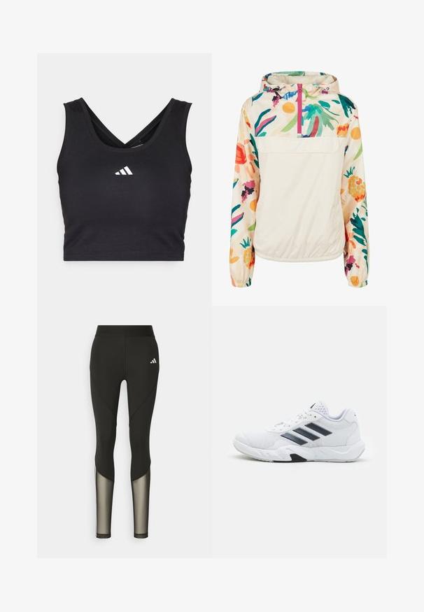 Lehký krémový pulover s květinovým vzorem v živých barvách. Má přední zip, kapuci a elastické manžety pro bezpečné nošení.; Černý crop top s výstřihem do V, se zkříženými ramínky na zádech a bílým logem Adidas uprostřed. Vyrobený z lehké látky.; Černé sportovní legíny s vysokým pasem, které mají síťované prvky na dolních nohavicích a vyšívané logo na boku.; Bílé sportovní boty s vrškem ze síťoviny, třemi černými pruhy po stranách, texturovanými akcenty a odolnou gumovou podrážkou s kontrastní černou částí.