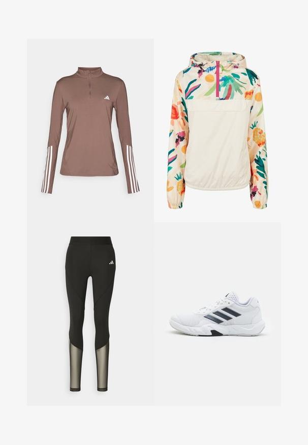 Könnyű, krémszínű pulóver dzseki élénk színekben pompázó virágmintával. Elöl cipzárral, kapucnival és elasztikus mandzsettákkal a biztonságos illeszkedés érdekében.; Barna, hosszú ujjú sport póló, fényes cipzárral, fehér háromsávos díszítéssel az ujjakon és egy kis fehér logóval a mellkason.; Fekete sport leggings, magas derékkal, hálós díszítéssel az alsó lábszárakon és hímzett logóval a csípőn.; Fehér sportcipő, hálós felsőrésszel, az oldalon három fekete csíkkal, textúrázott részletekkel és egy tartós gumi talppal, amelynek ellentétes fekete szakasza van.