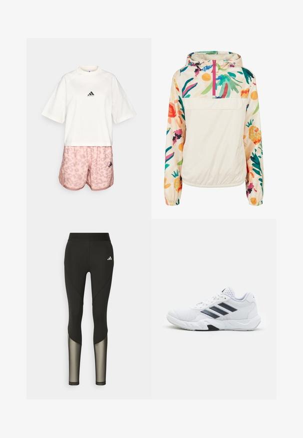 Lightweight, cream pullover jacket with a floral pattern in vibrant colors. Features a front zip, hood, and elastic cuffs for a secure fit.; adidas Performance TEE - Print T-shirt - chalk white; Black athletic leggings with a high waistband, featuring mesh accents on the lower legs and an embroidered logo on the hip.; White athletic shoe with mesh upper, three black stripes on the side, textured accents, and a sturdy rubber sole with a contrasting black section.