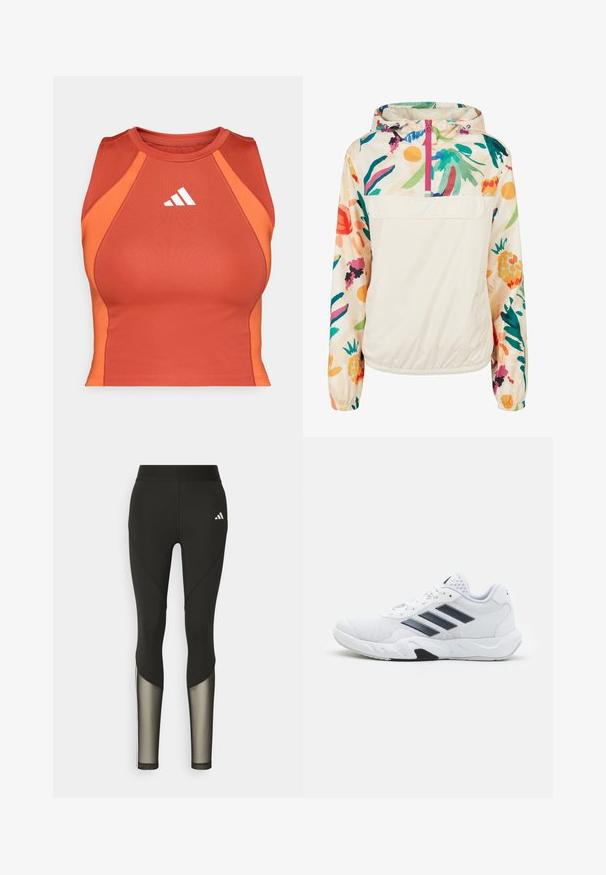 Könnyű, krémszínű pulóver dzseki élénk színekben pompázó virágmintával. Elöl cipzárral, kapucnival és elasztikus mandzsettákkal a biztonságos illeszkedés érdekében.; Narancssárga sportoláshoz ajánlott rövid fazonú felső, sima, rugalmas anyagból készült. Racerback fazonú, elöl fehér logóval.; Fekete sport leggings, magas derékkal, hálós díszítéssel az alsó lábszárakon és hímzett logóval a csípőn.; Fehér sportcipő, hálós felsőrésszel, az oldalon három fekete csíkkal, textúrázott részletekkel és egy tartós gumi talppal, amelynek ellentétes fekete szakasza van.