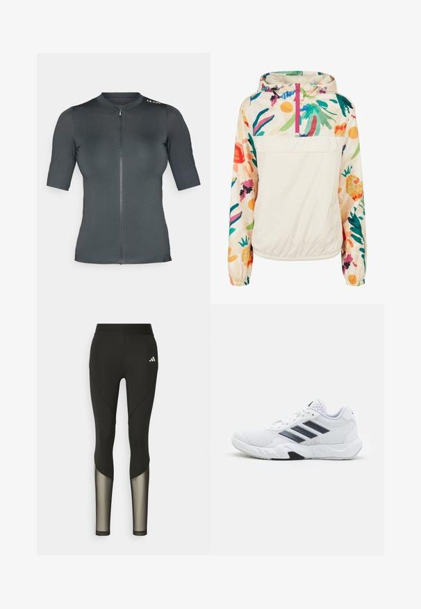 Kevyt, kerma värinen pullover-takki, jossa on kirkkaanvärinen kukkakuosi. Varustettu edessä olevalla vetoketjulla, hupulla ja elastisilla hihansuilla, jotka takaavat mukavan istuvuuden.; Lyhythihainen pyöräilypaita tummanharmaana. Siinä on etuvetoketju ja teksturoitu kangas, pyöreä kaulus ja logo-akcentti olkapäässä.; Mustat urheilulegginsit, joissa on korkea vyötärö, verkko-osat alaraajoissa ja brodeerattu logo lantion kohdalla.; Valkoiset urheilukengät, joissa on verkkomateriaali päällisessä, kolme mustaa raitaa sivussa, teksturoidut yksityiskohdat ja kestävä kumipohja, jossa on kontrastina musta osa.