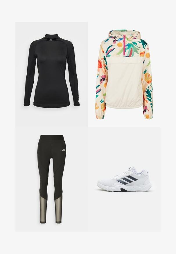 Lekka, kremowa kurtka z kapturem z kwiatowym wzorem w intensywnych kolorach. Posiada zamek z przodu, kaptur i elastyczne mankiety dla pewnego dopasowania.; Czarna koszula z długim rękawem i wysokim kołnierzem, wykonana z gładkiego materiału. Posiada delikatne szwy i logo na rękawie. Slim fit.; Czarne legginsy sportowe z wysokim stanem, z siateczkowymi akcentami na dolnych nogawkach oraz haftowanym logo na biodrze.; Białe buty sportowe z siateczkową cholewką, trzy czarne paski po boku, teksturowane akcenty i solidna gumowa podeszwa z kontrastującą czarną sekcją.