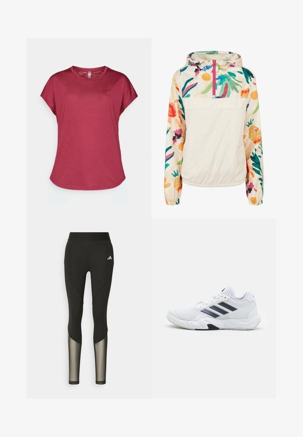 Lightweight, cream pullover jacket with a floral pattern in vibrant colors. Features a front zip, hood, and elastic cuffs for a secure fit.; Berry-colored short-sleeve t-shirt with a round neckline, soft texture, relaxed fit, and a subtle logo on the front left side.; Black athletic leggings with a high waistband, featuring mesh accents on the lower legs and an embroidered logo on the hip.; White athletic shoe with mesh upper, three black stripes on the side, textured accents, and a sturdy rubber sole with a contrasting black section.