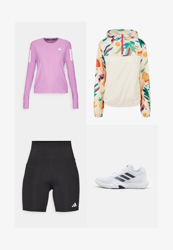 Giacca leggera a pullover in crema con un motivo floreale dai colori vivaci. Caratterizzata da una zip anteriore, cappuccio e polsini elastici per una vestibilità sicura.; adidas Performance Maglietta a manica lunga - preloved purple; Pantaloni sportivi neri realizzati in tessuto elasticizzato. Vita alta, lunghezza a metà coscia, con logo a tre righe bianche sul lato inferiore sinistro.; Scarpa sportiva bianca con tomaia in mesh, tre strisce nere sui lati, dettagli testurizzati e una suola in gomma robusta con una sezione nera a contrasto.