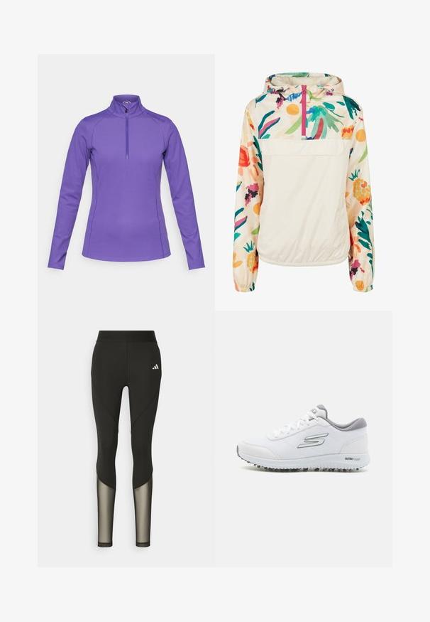 Leichter, cremefarbener Pullover-Jacke mit einem blumigen Muster in lebendigen Farben. Verfügt über einen Frontreißverschluss, eine Kapuze und elastische Bündchen für einen sicheren Sitz.; Lila Langarmshirt mit Stehkragen und einem halben Reißverschluss. Hergestellt aus glattem, elastischem Stoff mit flachen Nähten und Logodetails auf der Schulter.; Schwarze Sportleggings mit hohem Bund, die Mesh-Einsätze an den Unterschenkeln und ein gesticktes Logo an der Hüfte aufweisen.; Weiße Sportschuhe mit einem strukturierten Mesh-Obermaterial, silbernen Akzenten und einer leichten Sohle mit kleinen Traktionsnoppen, bezeichnet als "ULTRA FLIGHT".
