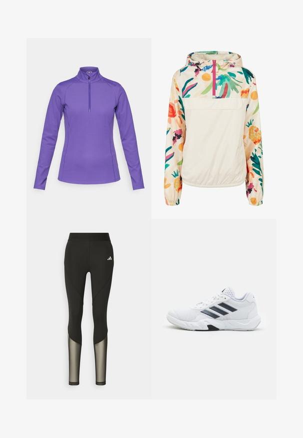 Ľahká, krémová puloverová bunda s kvetinovým vzorom v živých farbách. Obsahuje predný zips, kapucňu a elastické manžety pre bezpečné uchytenie.; Fialová dlhá rukávová košeľa s vykrojeným golierom a polozipsom. Vyrobená z hladkej, elastickej tkaniny s plochými švami a logom na pleci.; Čierne atletické legíny s vysokým pásom, ktoré majú sieťové akcenty na dolných nohách a vyšívané logo na bokoch.; Biele športové topánky s ventilovaným vrchom, tromi čiernymi pruhmi po stranách, textúrovanými akcentmi a pevným gumovým podošvom s kontrastnou čiernou časťou.