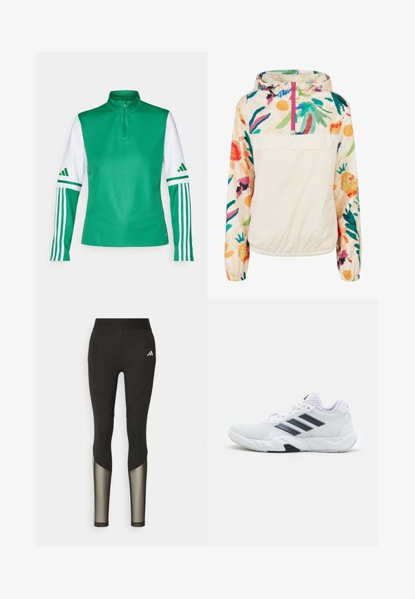 Lightweight, cream pullover jacket with a floral pattern in vibrant colors. Features a front zip, hood, and elastic cuffs for a secure fit.; Green polyester athletic top with a high collar, half-zip closure, white sleeves, and three white stripes on each sleeve.; Black athletic leggings with a high waistband, featuring mesh accents on the lower legs and an embroidered logo on the hip.; White athletic shoe with mesh upper, three black stripes on the side, textured accents, and a sturdy rubber sole with a contrasting black section.