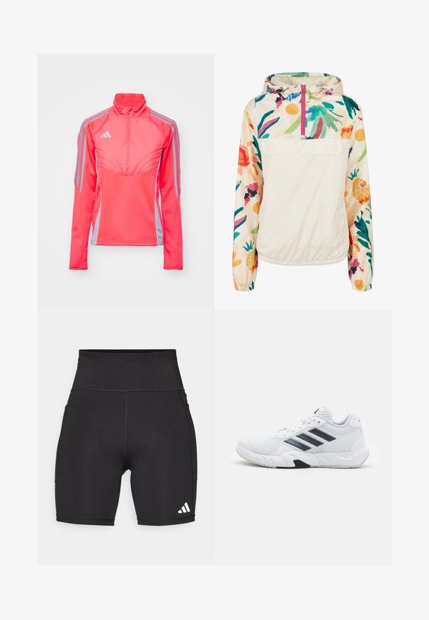 Lightweight, cream pullover jacket with a floral pattern in vibrant colors. Features a front zip, hood, and elastic cuffs for a secure fit.; Pink athletic pullover jacket with a high collar, zippered neck, and gray side stripes. Features structured seams and a fitted design.; Black athletic shorts made of stretchy fabric. High waistband, mid-thigh length, with white three-stripe logo on the lower left side.; White athletic shoe with mesh upper, three black stripes on the side, textured accents, and a sturdy rubber sole with a contrasting black section.