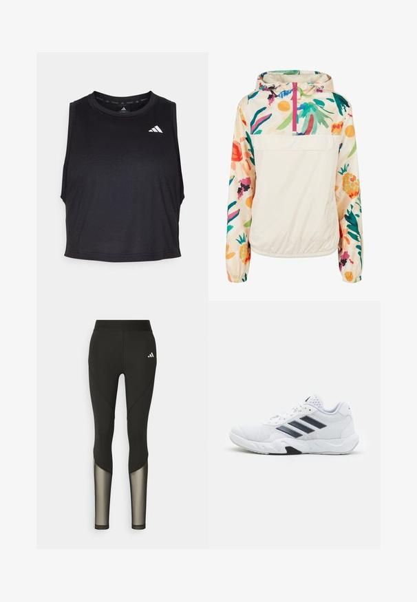 Giacca leggera a pullover in crema con un motivo floreale dai colori vivaci. Caratterizzata da una zip anteriore, cappuccio e polsini elastici per una vestibilità sicura.; Top corto da allenamento senza maniche di colore nero, realizzato in tessuto liscio, con scollatura rotonda e un piccolo logo bianco vicino alla spalla.; Leggings sportivi neri con vita alta, dotati di inserti in rete sulla parte inferiore delle gambe e di un logo ricamato sull'anca.; Scarpa sportiva bianca con tomaia in mesh, tre strisce nere sui lati, dettagli testurizzati e una suola in gomma robusta con una sezione nera a contrasto.