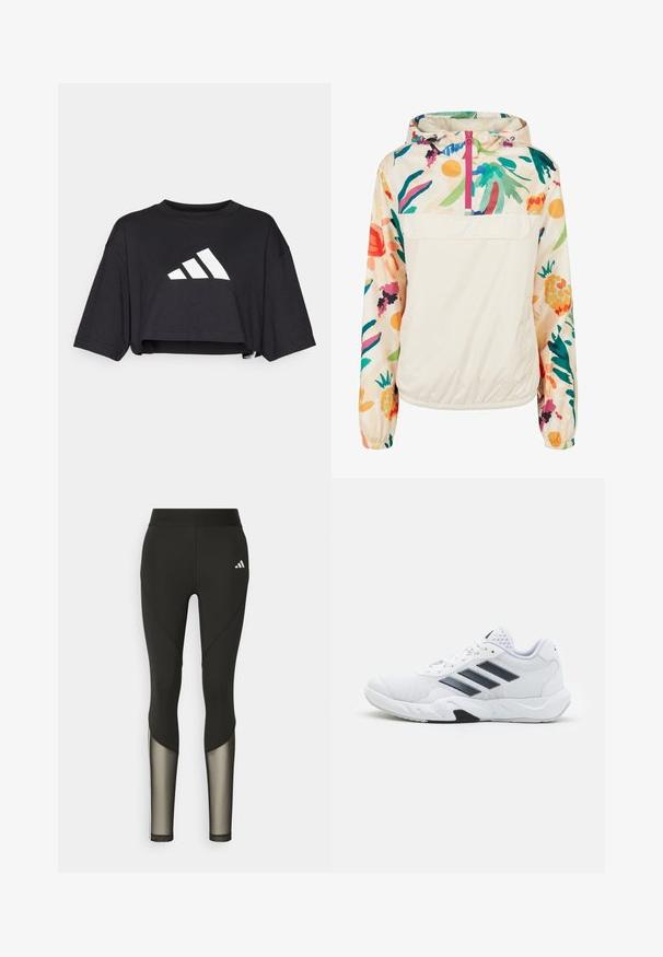 Lahki, kremni pulover jakna s cvetličnim vzorcem v živih barvah. Ima sprednji zadrgo, kapuco in elastične manšete za varen oprijem.; Črn skrajšani T-majica iz mehke tkanine, z okroglim ovratnikom in kratkimi rokavi. Na sprednji strani je prikazan bel logotip s tremi črtami.; Črne športne legice z visokim pasom, ki imajo mrežaste detajle na spodnjem delu nogavic in vezeno logotip na boki.; Bela atletska čevlja z mrežastim zgornjim delom, tremi črnimi črtami na strani, teksturiranimi dodatki in trdim gumijastim podplatom z kontrastnim črnim delom.