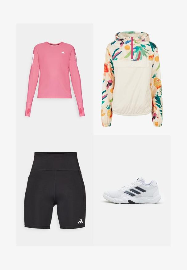 Letvægts, cremet pullover-jakke med et blomsterdesign i strålende farver. Har en lynlås foran, hætte og elastiske manchetter for en sikker pasform.; Lyserød langærmet sports skjorte med rund halsudskæring og tommelhul i manchetterne. Har hvide branddetaljer på ærmerne.; Sorte atletiske shorts lavet af strækbart stof. Høj talje, midt på låret, med hvidt tre-stribe logo nederst til venstre.; Hvid atletisk sko med mesh-overdel, tre sorte striber på siden, strukturerede accenter og en robust gummisål med et kontrasterende sort område.