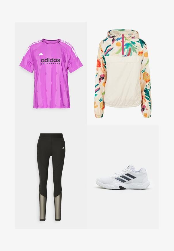 Ľahká, krémová puloverová bunda s kvetinovým vzorom v živých farbách. Obsahuje predný zips, kapucňu a elastické manžety pre bezpečné uchytenie.; adidas Sportswear TIRO CUT STRIPES BOYFRIEND - Tričko s potlačou - purple burst; Čierne atletické legíny s vysokým pásom, ktoré majú sieťové akcenty na dolných nohách a vyšívané logo na bokoch.; Biele športové topánky s ventilovaným vrchom, tromi čiernymi pruhmi po stranách, textúrovanými akcentmi a pevným gumovým podošvom s kontrastnou čiernou časťou.