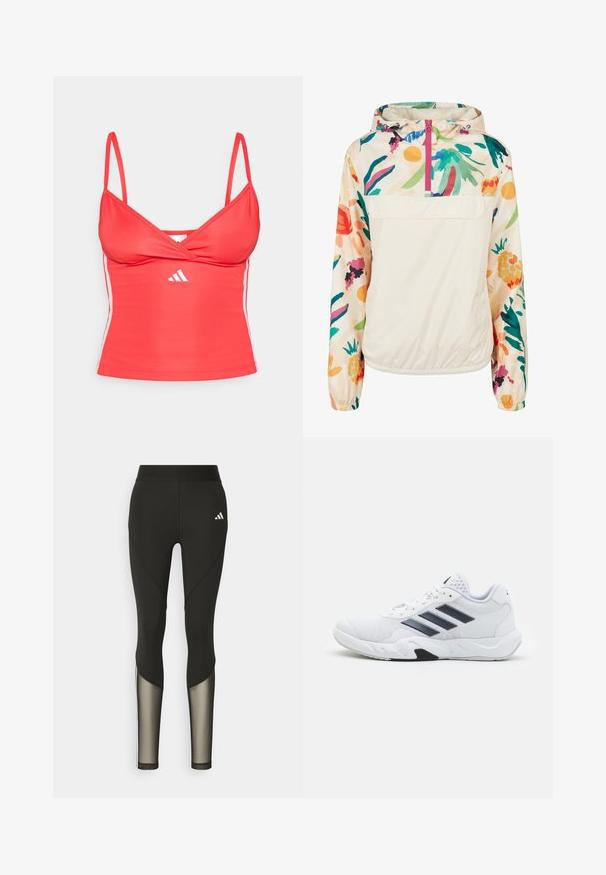 Lahki, kremni pulover jakna s cvetličnim vzorcem v živih barvah. Ima sprednji zadrgo, kapuco in elastične manšete za varen oprijem.; Rdeč športni top z tankimi naramnicami, s križno zasnovo na prsi in belimi stranskimi poudarki, izdelan iz gladkega in elastičnega materiala.; Črne športne legice z visokim pasom, ki imajo mrežaste detajle na spodnjem delu nogavic in vezeno logotip na boki.; Bela atletska čevlja z mrežastim zgornjim delom, tremi črnimi črtami na strani, teksturiranimi dodatki in trdim gumijastim podplatom z kontrastnim črnim delom.