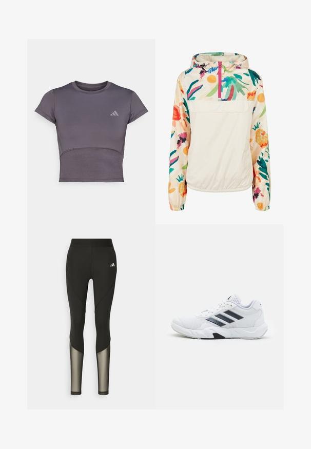Chaqueta ligera de crema con un patrón floral en colores vibrantes. Presenta un cierre frontal, capucha y puños elásticos para un ajuste seguro.; Top corto atlético de manga corta en gris con un diseño ajustado. Presenta un cuerpo texturizado y un sutil acento de logo en el pecho. Acabado de tela suave.; Leggings deportivos negros con una cintura alta, que presentan detalles de malla en las piernas inferiores y un logo bordado en la cadera.; Zapatilla deportiva blanca con parte superior de malla, tres franjas negras a los lados, acentos texturizados y una suela de goma resistente con una sección negra en contraste.