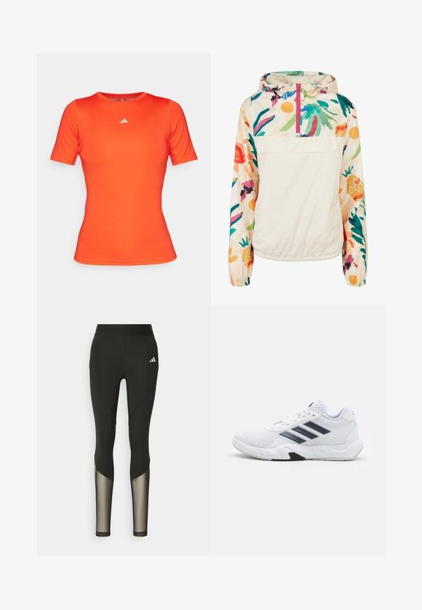 Chaqueta ligera de crema con un patrón floral en colores vibrantes. Presenta un cierre frontal, capucha y puños elásticos para un ajuste seguro.; adidas Performance TRAIN - Camiseta deportiva - bright red; Leggings deportivos negros con una cintura alta, que presentan detalles de malla en las piernas inferiores y un logo bordado en la cadera.; Zapatilla deportiva blanca con parte superior de malla, tres franjas negras a los lados, acentos texturizados y una suela de goma resistente con una sección negra en contraste.