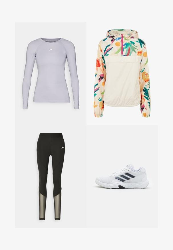 Lätt, krämfärgad pullover-jacka med blommönster i livliga färger. Har en framzip, huva och elastiska ärmslut för en säker passform.; adidas Performance TF LS T - Långärmad tröja - glory grey; Svarta sportleggings med hög midja, som har meshdetaljer på underbenen och en broderad logga vid höften.; Vit sportskor med mesh-överdel, tre svarta ränder på sidan, texturerade detaljer och en stadig gummisula med en kontrasterande svart del.