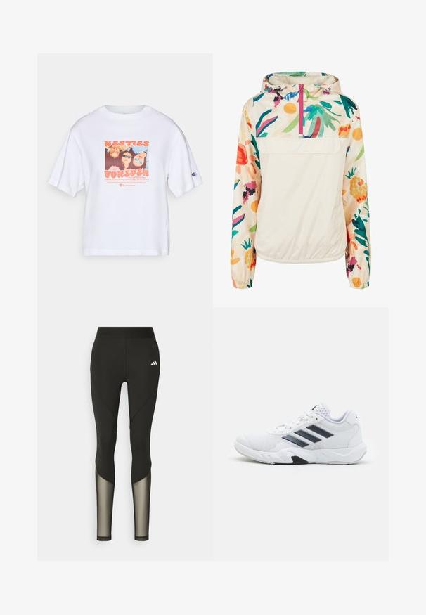 Lichtgewicht, crèmekleurige pulloverjack met een bloemenpatroon in levendige kleuren. Voorzien van een rits aan de voorkant, een capuchon en elastische manchetten voor een omsloten pasvorm.; Witte T-shirt met korte mouwen, voorzien van een kleurrijke fotografiek met de tekst "BESTIES FOREVER" en een Champion-logo op de mouw.; Zwarte sportleggings met een hoge tailleband, voorzien van meshaccenten op de onderbenen en een geborduurd logo op de heup.; Witte sportieve schoen met een bovenwerk van mesh, drie zwarte strepen aan de zijkant, gestructureerde accenten en een stevige rubberen zool met een contrasterend zwart gedeelte.