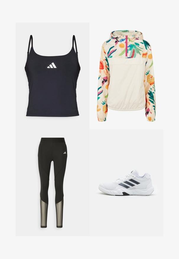 Kevyt, kerma värinen pullover-takki, jossa on kirkkaanvärinen kukkakuosi. Varustettu edessä olevalla vetoketjulla, hupulla ja elastisilla hihansuilla, jotka takaavat mukavan istuvuuden.; Musta urheilullinen tankkitoppu ohutolkaimilla, jossa on valkoinen Adidas-logo edessä. Sujuvaa kangasta, joka on muotoiltu tiukaksi.; Mustat urheilulegginsit, joissa on korkea vyötärö, verkko-osat alaraajoissa ja brodeerattu logo lantion kohdalla.; Valkoiset urheilukengät, joissa on verkkomateriaali päällisessä, kolme mustaa raitaa sivussa, teksturoidut yksityiskohdat ja kestävä kumipohja, jossa on kontrastina musta osa.
