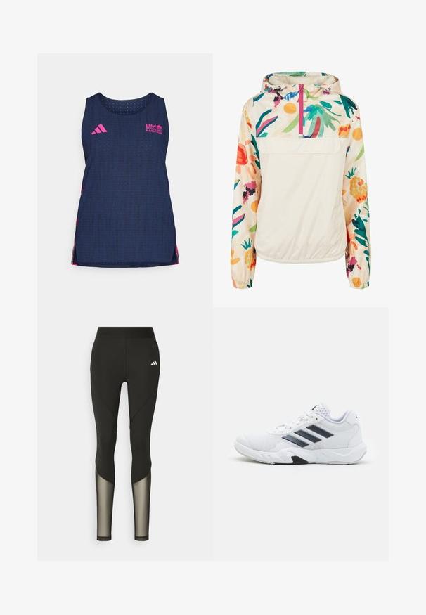 Lichtgewicht, crèmekleurige pulloverjack met een bloemenpatroon in levendige kleuren. Voorzien van een rits aan de voorkant, een capuchon en elastische manchetten voor een omsloten pasvorm.; adidas Performance BER25 TANK - Top - collegiate navy; Zwarte sportleggings met een hoge tailleband, voorzien van meshaccenten op de onderbenen en een geborduurd logo op de heup.; Witte sportieve schoen met een bovenwerk van mesh, drie zwarte strepen aan de zijkant, gestructureerde accenten en een stevige rubberen zool met een contrasterend zwart gedeelte.