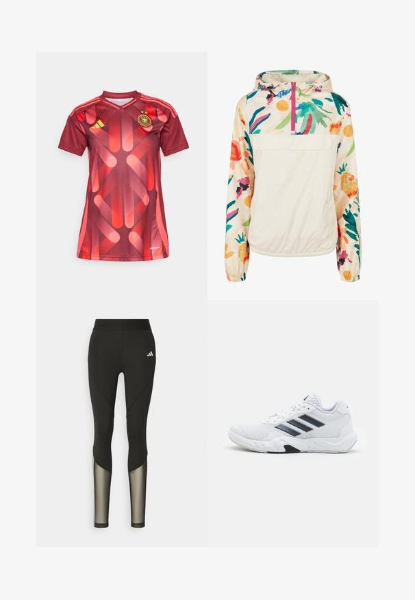 Lengvas, kreminės spalvos megztinis su gėlėmis ryškiomis spalvomis. Savybės: priekinis užtrauktukas, kapišonas ir elastingi rankogaliai, užtikrinantys tvirtą tinkamumą.; Bordo sportinė maikė su v-kaklu, trumpomis rankovėmis ir dinamišku geometriniu raštu raudonais tonais. Yra trys juostelės ant pečių ir komandos emblema.; Juodos sportinės legging'os su aukštu juosmeniu, turinčios tinklo akcentus apatiniuose šlaunų regionuose ir išsiuvinėtą logotipą ant klubų.; Baltas sportinis batelis su tinklelio viršumi, trimis juodomis juostelėmis šone, tekstūruotais akcentais ir tvirtu guminio pado su kontrastinga juoda dalimi.