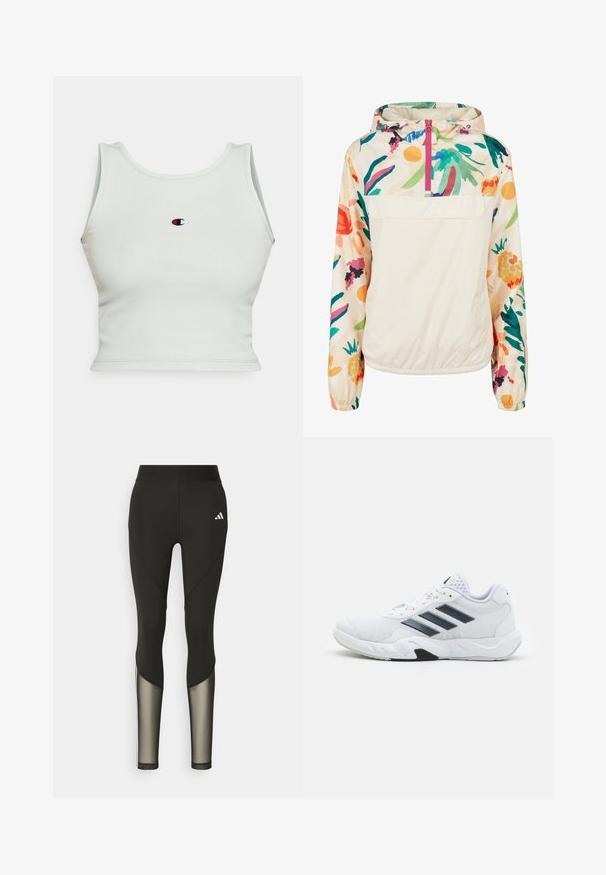 Jachetă pulover ușoară, din crem, cu un model floral în culori vibrante. Are un fermoar frontal, gluga și manșete elastice pentru o fixare sigură.; Top scurt ribbed de culoare verde deschis, cu decolteu rotund și bretele late. Prezintă un mic logo brodat în centrul părții din față.; Leggings negri pentru sport, cu talie înaltă, având accente din plasă pe picioare și un logo brodat pe șold.; Adidași albi cu partea superioară din plasă, trei dungi negre pe lateral, accente texturate și o talpă din cauciuc solidă cu o secțiune contrastantă neagră.