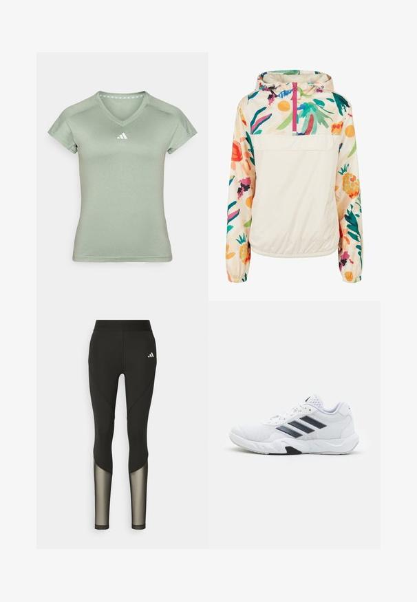 Lehký krémový pulover s květinovým vzorem v živých barvách. Má přední zip, kapuci a elastické manžety pro bezpečné nošení.; Světle zelené sportovní tričko s véčkovým výstřihem, krátkým rukávem a bílým logem Adidas na hrudi. Hladká, elastická látka.; Černé sportovní legíny s vysokým pasem, které mají síťované prvky na dolních nohavicích a vyšívané logo na boku.; Bílé sportovní boty s vrškem ze síťoviny, třemi černými pruhy po stranách, texturovanými akcenty a odolnou gumovou podrážkou s kontrastní černou částí.