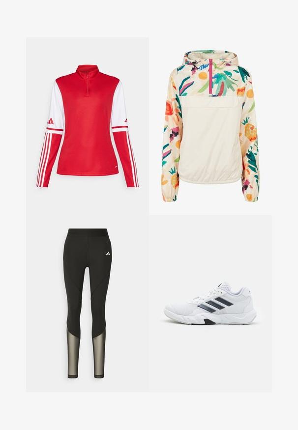 Lekka, kremowa kurtka z kapturem z kwiatowym wzorem w intensywnych kolorach. Posiada zamek z przodu, kaptur i elastyczne mankiety dla pewnego dopasowania.; Czerwona koszulka sportowa z długim rękawem i wysokim kołnierzem, z białymi akcentami na rękawach oraz trzema białymi paskami wzdłuż rękawów. Posiada zamek błyskawiczny do połowy przodu.; Czarne legginsy sportowe z wysokim stanem, z siateczkowymi akcentami na dolnych nogawkach oraz haftowanym logo na biodrze.; Białe buty sportowe z siateczkową cholewką, trzy czarne paski po boku, teksturowane akcenty i solidna gumowa podeszwa z kontrastującą czarną sekcją.