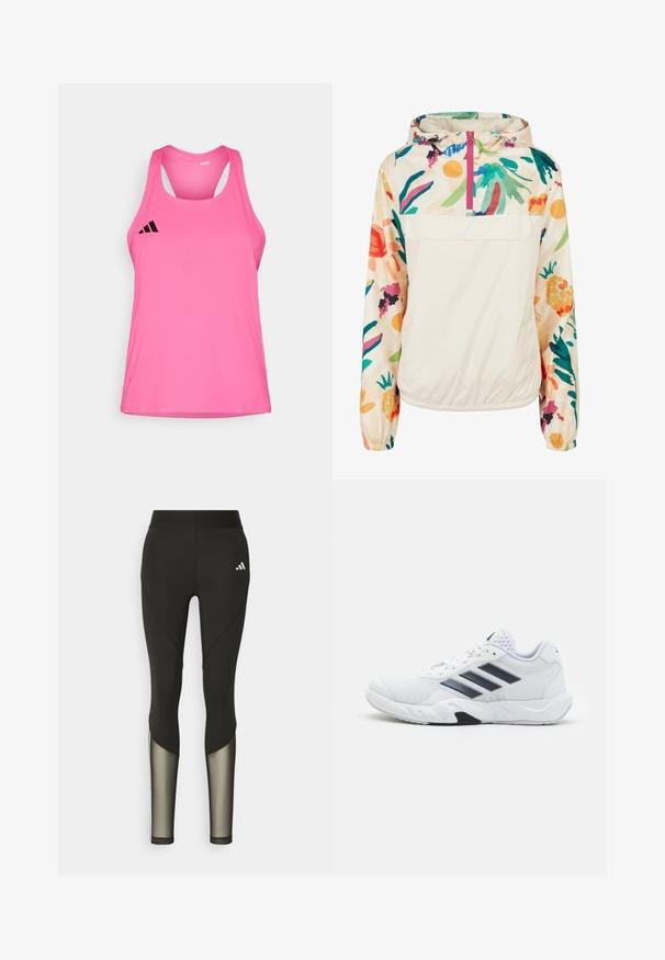 Lahki, kremni pulover jakna s cvetličnim vzorcem v živih barvah. Ima sprednji zadrgo, kapuco in elastične manšete za varen oprijem.; Lahka roza atletska majica brez rokavov z okroglim izrezom, zasnovo racerback in črnim logotipom na zgornji levi strani. Gladka tekstura.; Črne športne legice z visokim pasom, ki imajo mrežaste detajle na spodnjem delu nogavic in vezeno logotip na boki.; Bela atletska čevlja z mrežastim zgornjim delom, tremi črnimi črtami na strani, teksturiranimi dodatki in trdim gumijastim podplatom z kontrastnim črnim delom.